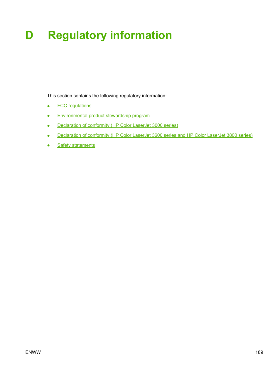 Regulatory information, Appendix d regulatory information, Dregulatory information | HP Color LaserJet 3800 Printer series User Manual | Page 203 / 226