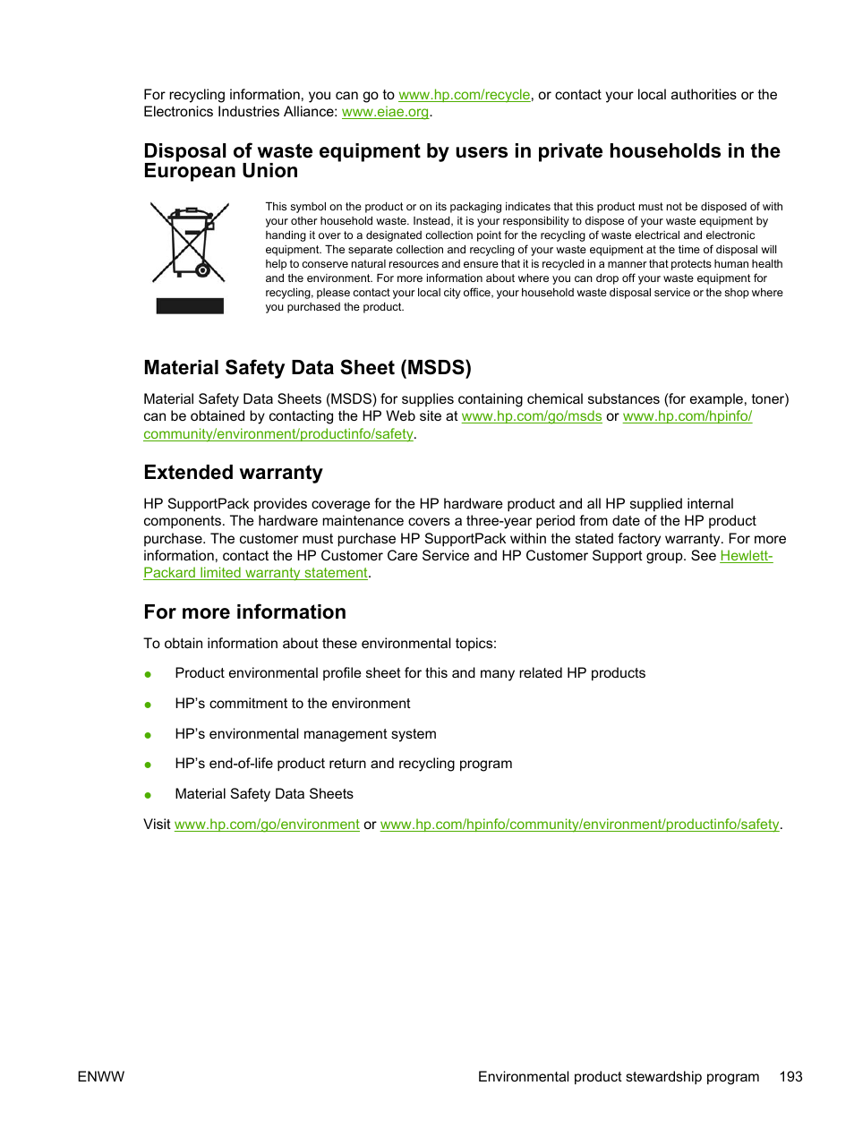 Material safety data sheet (msds), Extended warranty, For more information | HP Color LaserJet 3800 Printer series User Manual | Page 207 / 226