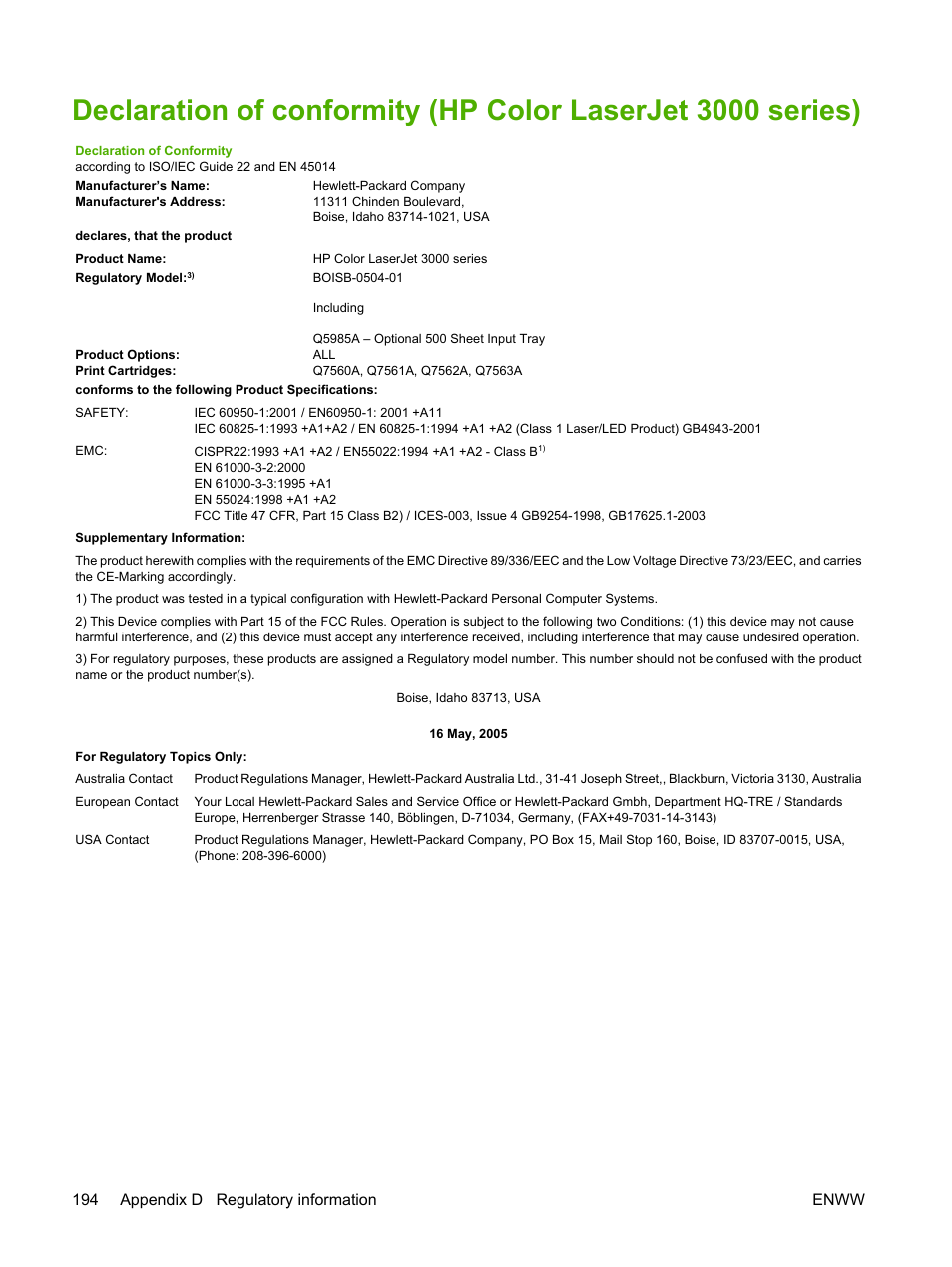 194 appendix d regulatory information enww | HP Color LaserJet 3800 Printer series User Manual | Page 208 / 226