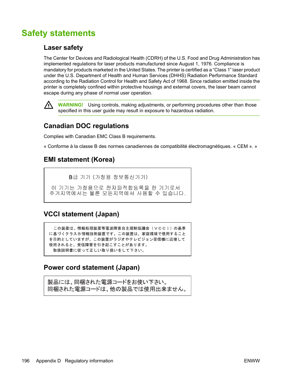 Safety statements, Laser safety, Canadian doc regulations | Emi statement (korea), Vcci statement (japan), Power cord statement (japan) | HP Color LaserJet 3800 Printer series User Manual | Page 210 / 226