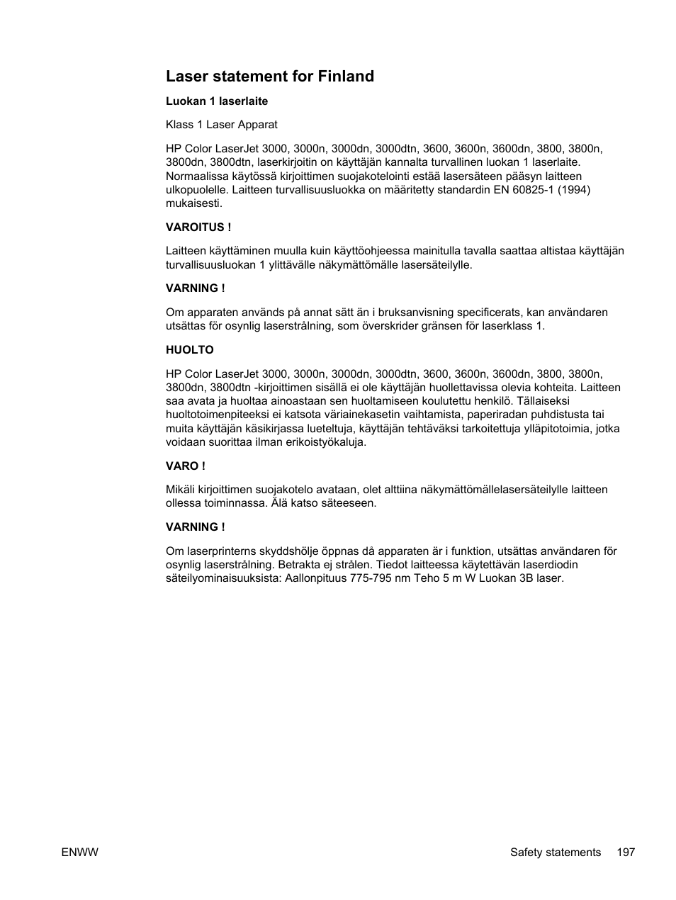 Laser statement for finland | HP Color LaserJet 3800 Printer series User Manual | Page 211 / 226