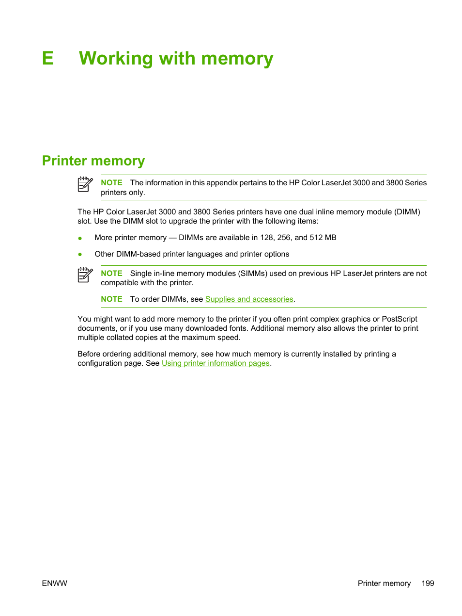 Working with memory, Printer memory, Appendix e working with memory | Working with, Memory | HP Color LaserJet 3800 Printer series User Manual | Page 213 / 226