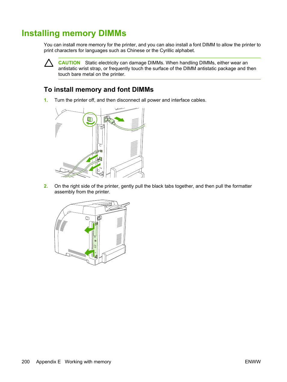 Installing memory dimms, To install memory and font dimms | HP Color LaserJet 3800 Printer series User Manual | Page 214 / 226