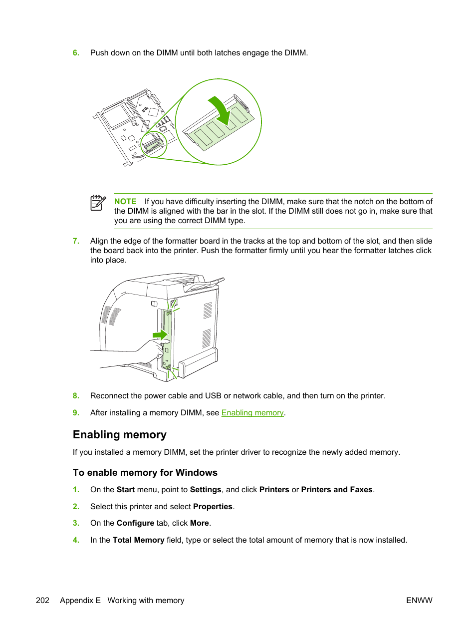Enabling memory, To enable memory for windows | HP Color LaserJet 3800 Printer series User Manual | Page 216 / 226