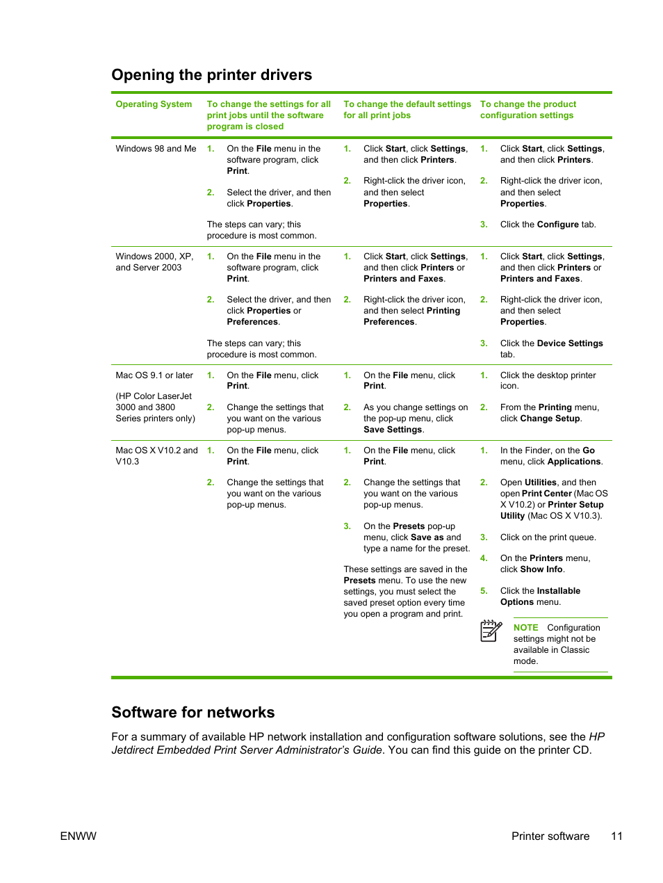 Opening the printer drivers, Software for networks, Opening the printer drivers software for networks | HP Color LaserJet 3800 Printer series User Manual | Page 25 / 226