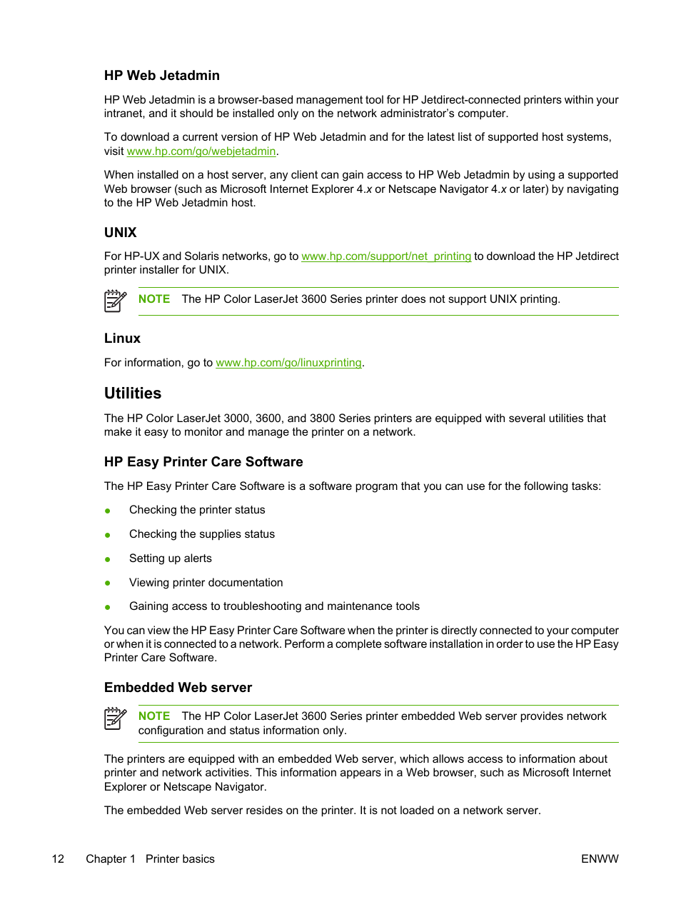 Hp web jetadmin, Unix, Linux | Utilities, Hp easy printer care software, Embedded web server, Hp web jetadmin unix linux, Hp easy printer care software embedded web server | HP Color LaserJet 3800 Printer series User Manual | Page 26 / 226