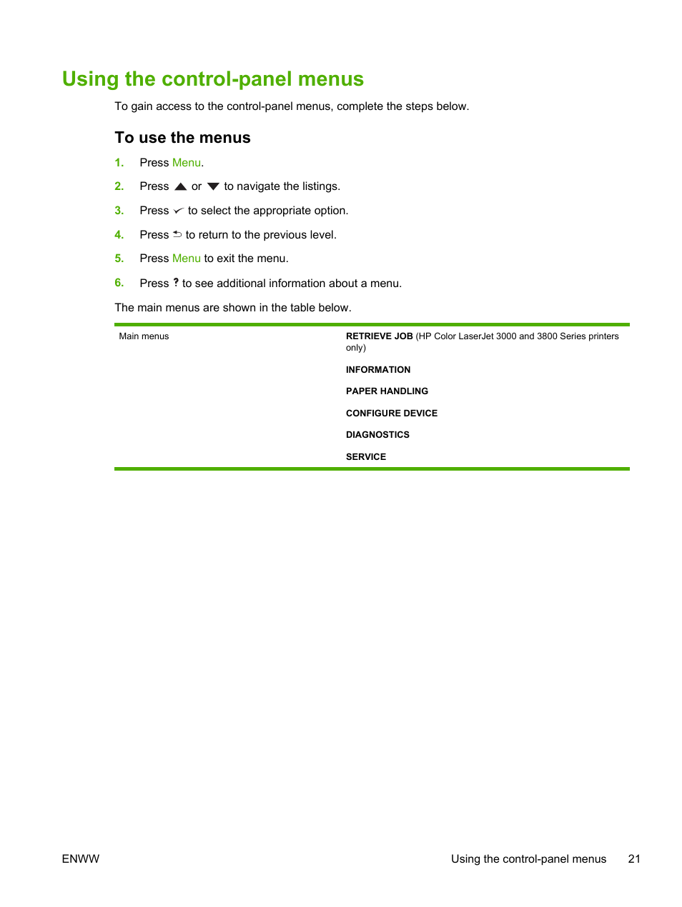 Using the control-panel menus, To use the menus | HP Color LaserJet 3800 Printer series User Manual | Page 35 / 226