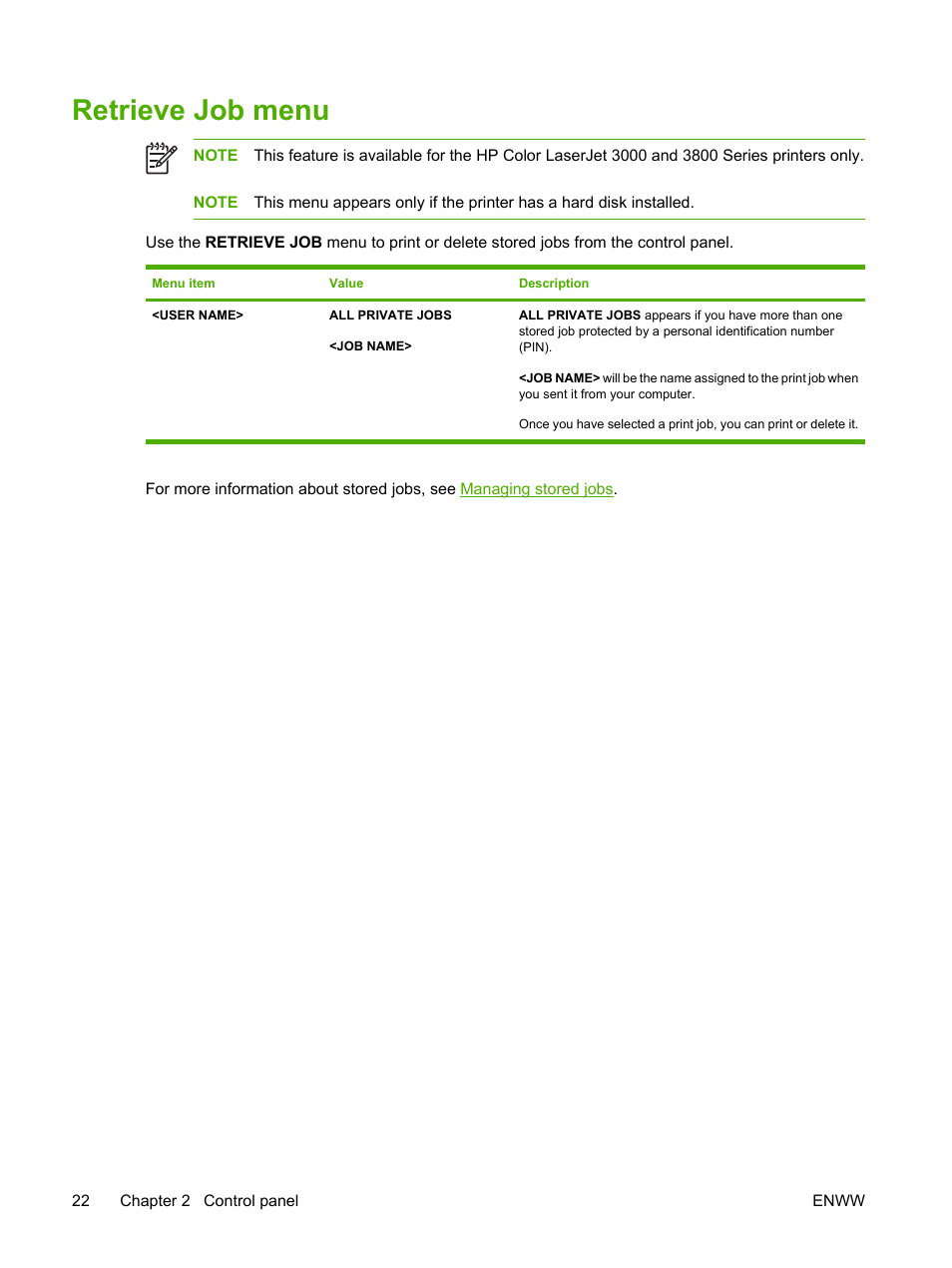 Retrieve job menu | HP Color LaserJet 3800 Printer series User Manual | Page 36 / 226