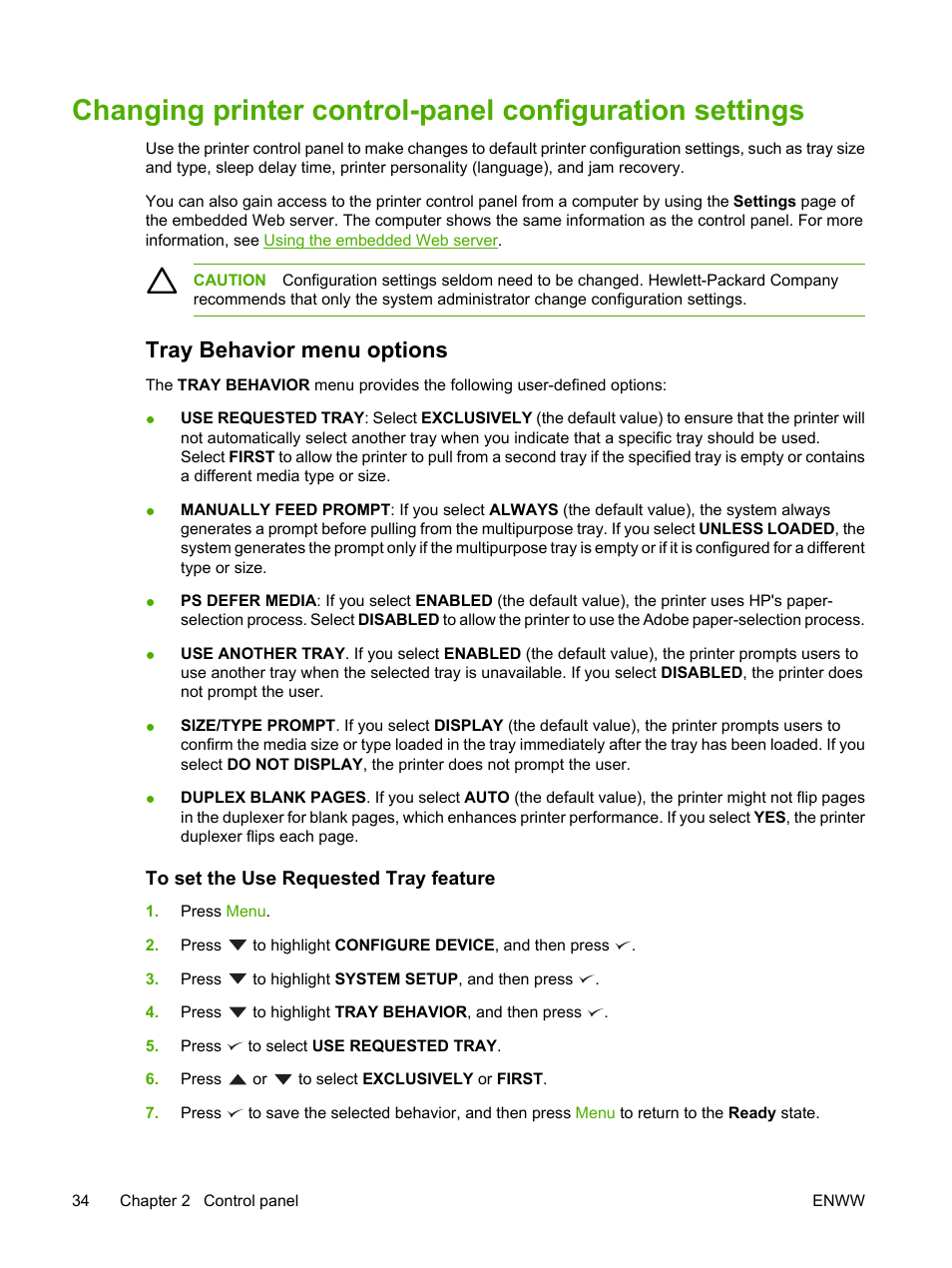 Tray behavior menu options, To set the use requested tray feature, Changing printer control-panel | Configuration settings | HP Color LaserJet 3800 Printer series User Manual | Page 48 / 226