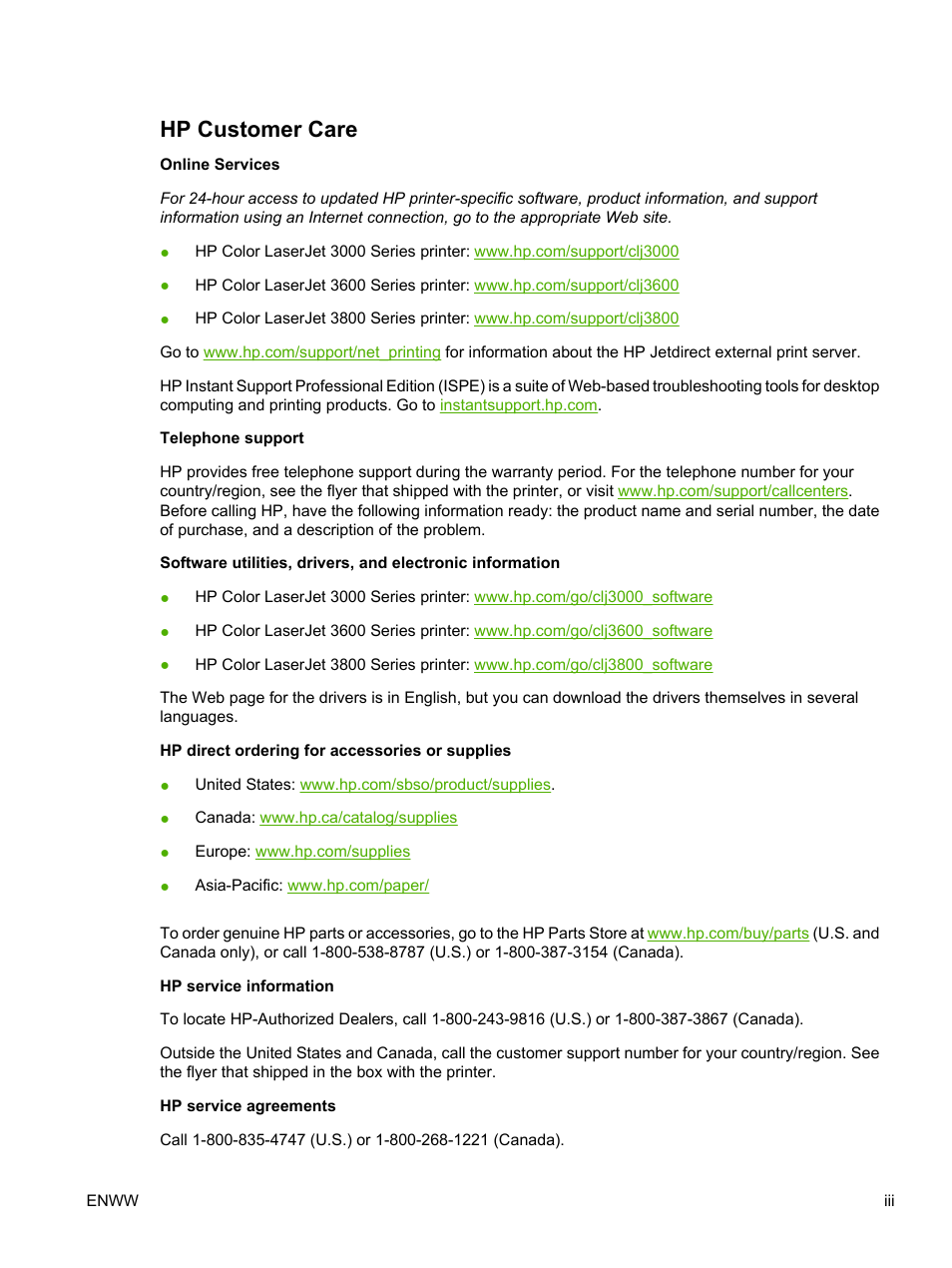Hp customer care | HP Color LaserJet 3800 Printer series User Manual | Page 5 / 226