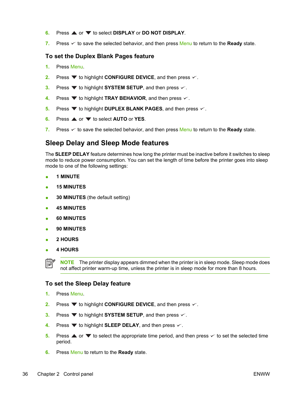 Sleep delay and sleep mode features, To set the sleep delay feature | HP Color LaserJet 3800 Printer series User Manual | Page 50 / 226