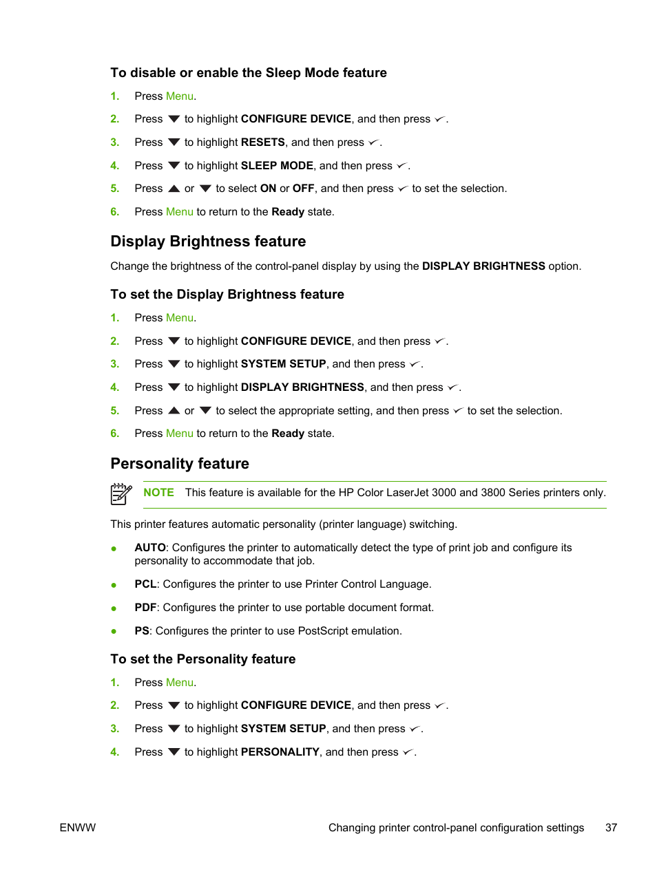To disable or enable the sleep mode feature, Display brightness feature, To set the display brightness feature | Personality feature, To set the personality feature | HP Color LaserJet 3800 Printer series User Manual | Page 51 / 226