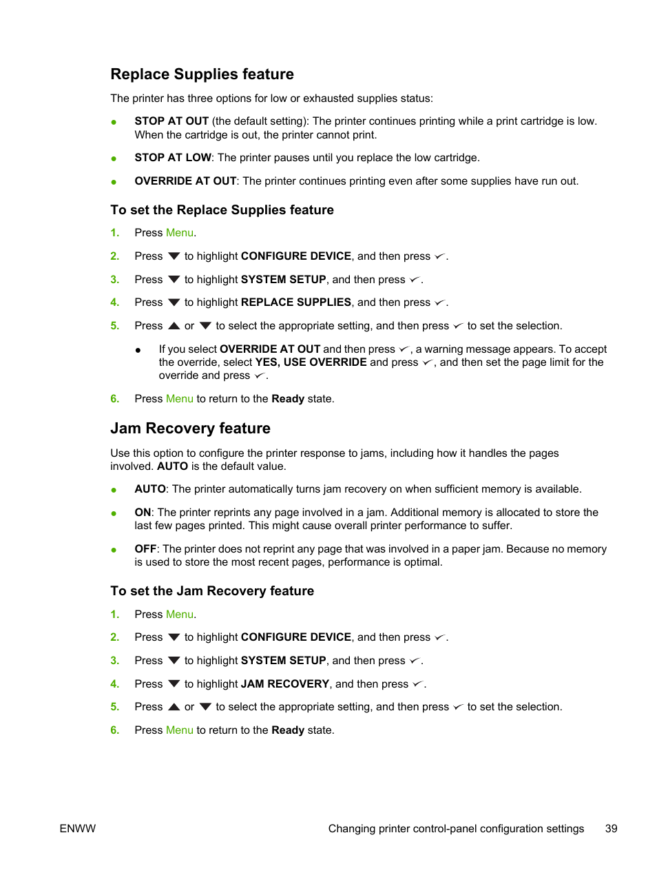 Replace supplies feature, To set the replace supplies feature, Jam recovery feature | To set the jam recovery feature, For more | HP Color LaserJet 3800 Printer series User Manual | Page 53 / 226