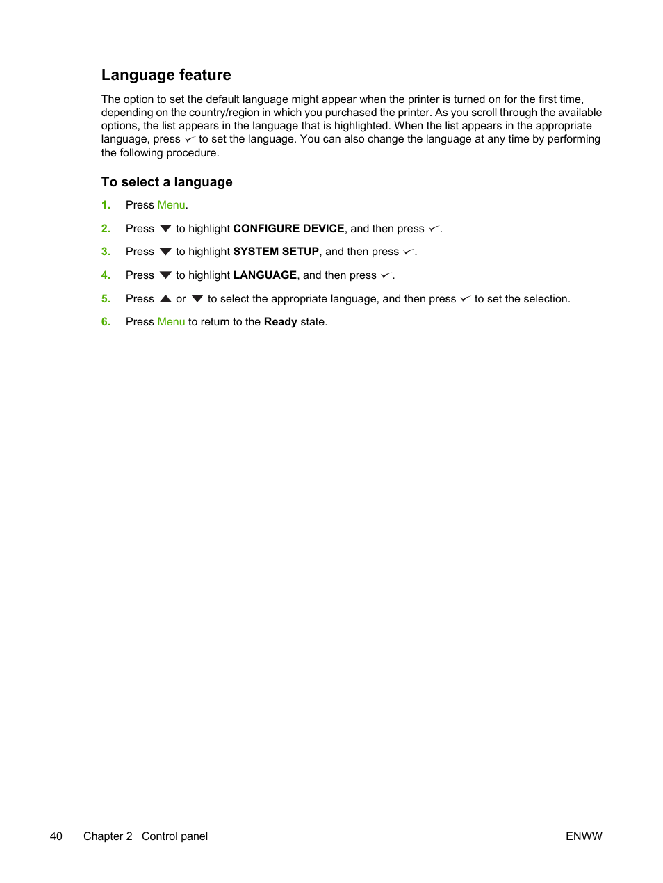 Language feature, To select a language | HP Color LaserJet 3800 Printer series User Manual | Page 54 / 226