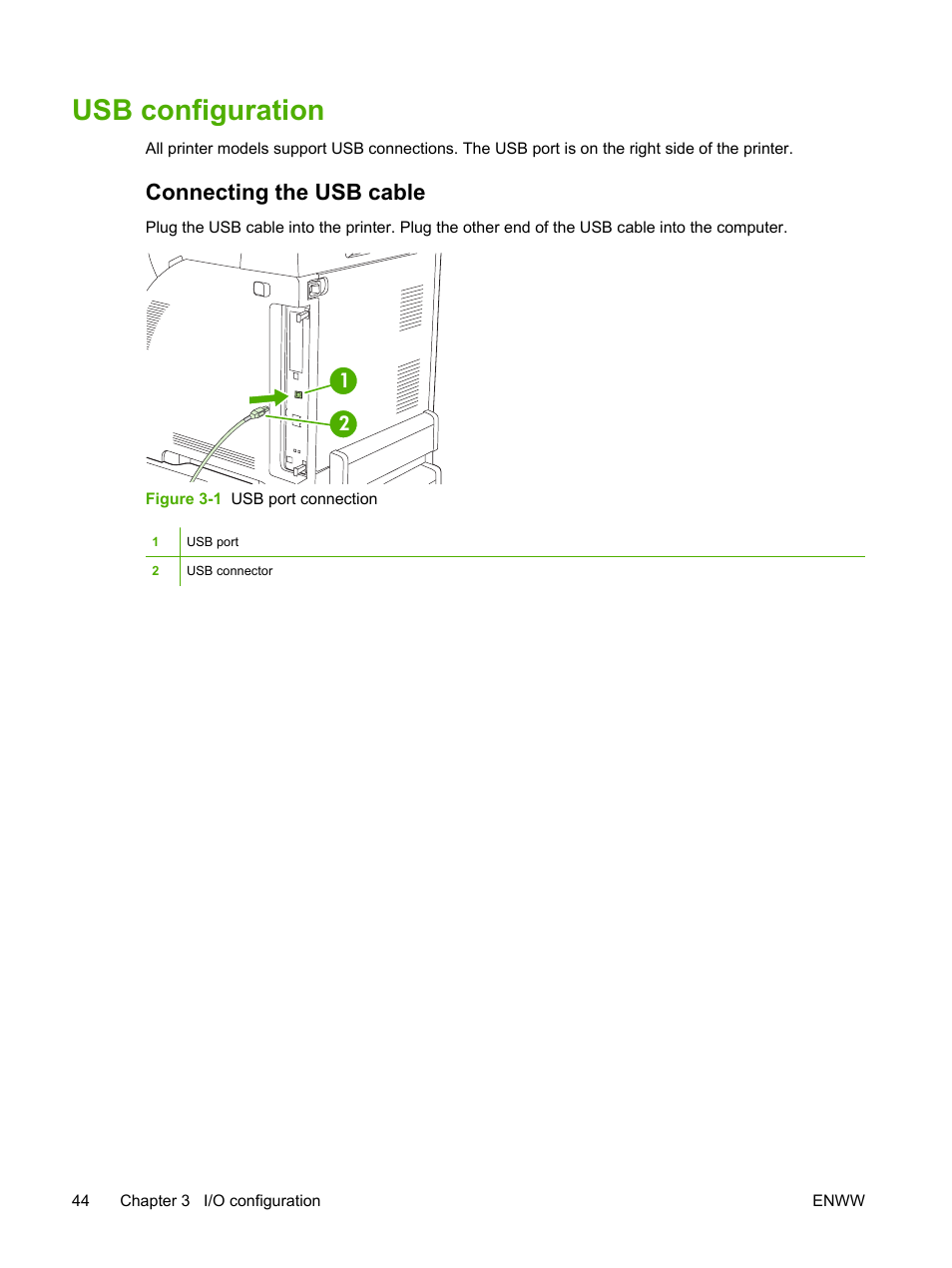 Usb configuration, Connecting the usb cable | HP Color LaserJet 3800 Printer series User Manual | Page 58 / 226