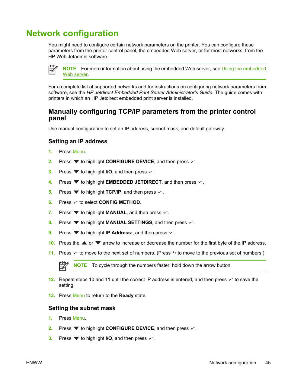 Network configuration, Setting an ip address, Setting the subnet mask | Setting an ip address setting the subnet mask | HP Color LaserJet 3800 Printer series User Manual | Page 59 / 226