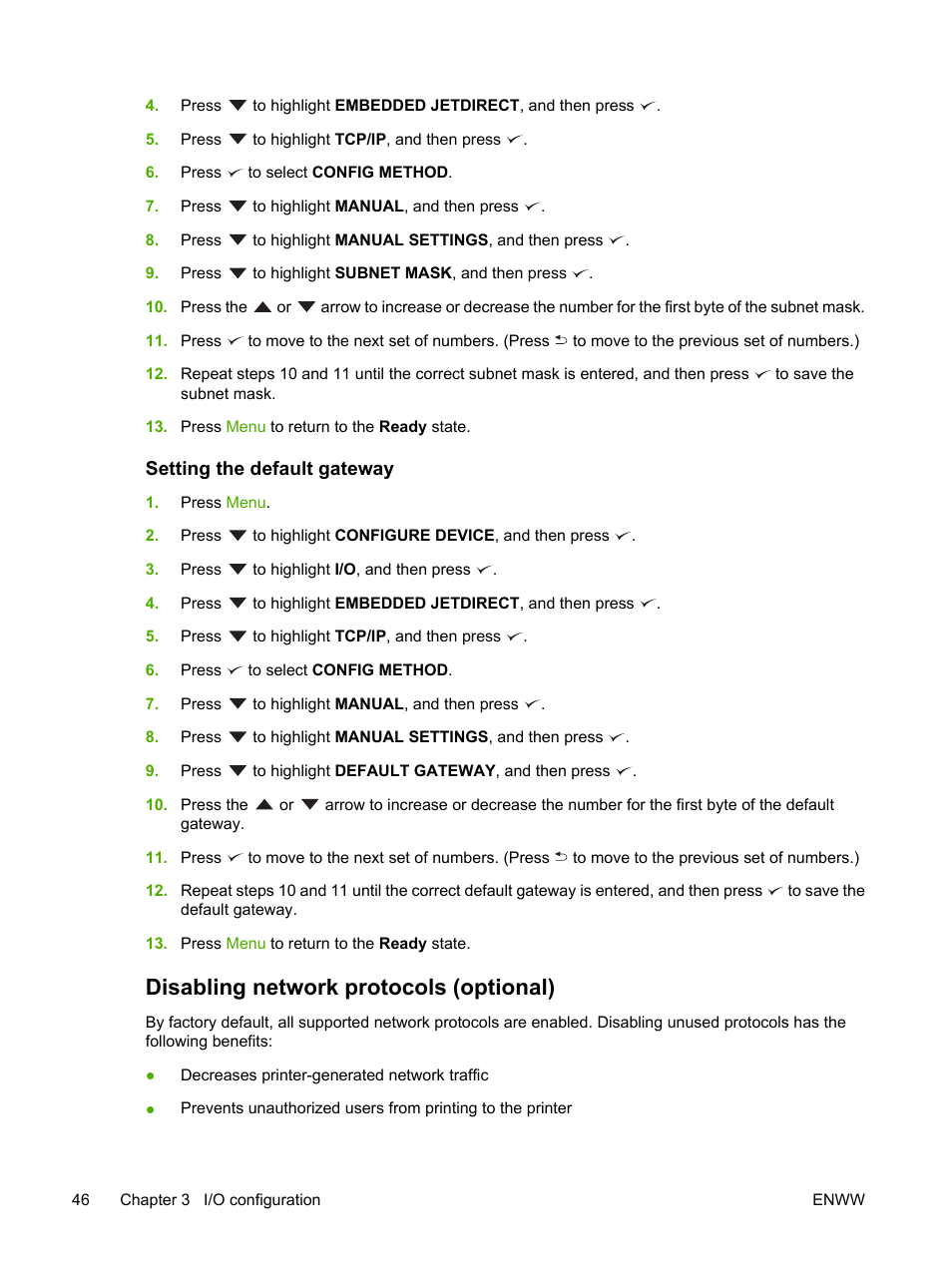 Setting the default gateway, Disabling network protocols (optional) | HP Color LaserJet 3800 Printer series User Manual | Page 60 / 226