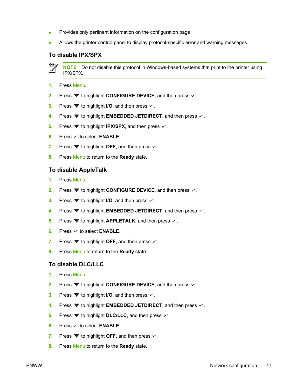 To disable ipx/spx, To disable appletalk, To disable dlc/llc | HP Color LaserJet 3800 Printer series User Manual | Page 61 / 226