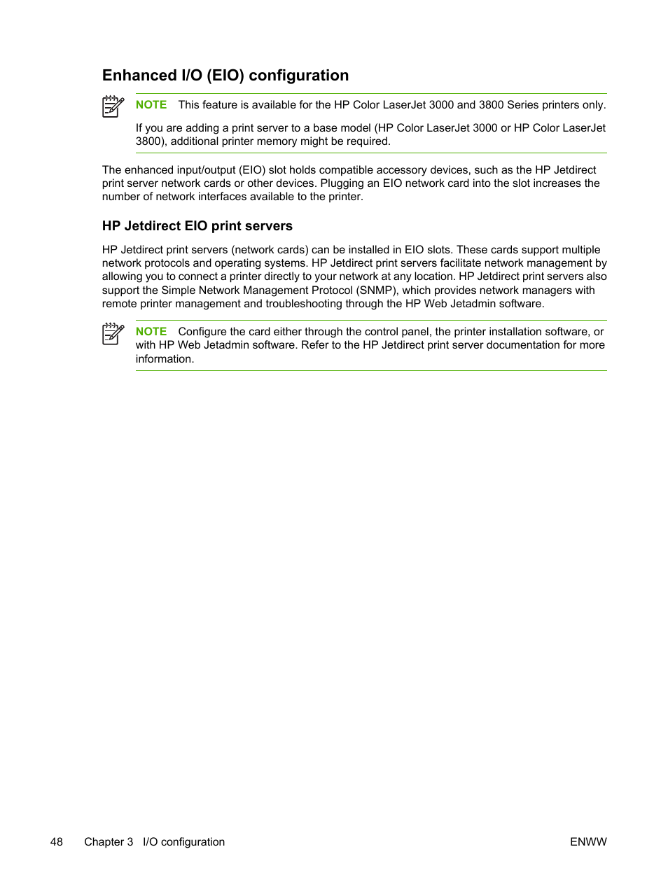 Enhanced i/o (eio) configuration, Hp jetdirect eio print servers | HP Color LaserJet 3800 Printer series User Manual | Page 62 / 226