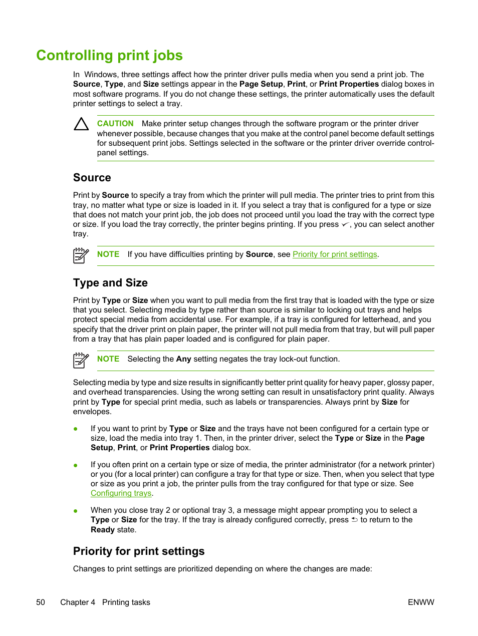 Controlling print jobs, Source, Type and size | Priority for print settings, Source type and size | HP Color LaserJet 3800 Printer series User Manual | Page 64 / 226