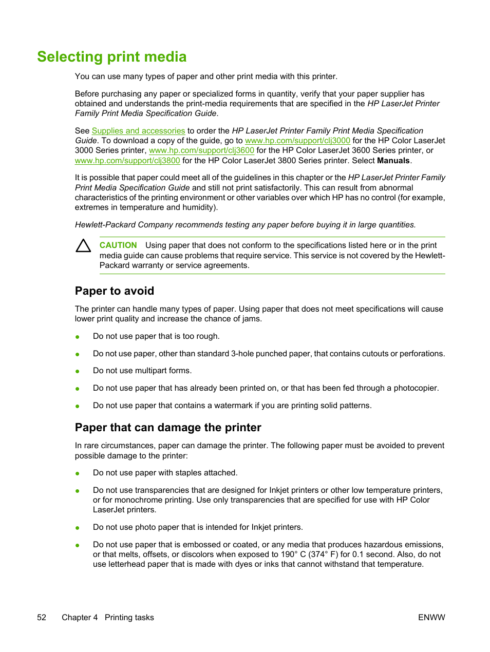 Selecting print media, Paper to avoid, Paper that can damage the printer | Paper to avoid paper that can damage the printer | HP Color LaserJet 3800 Printer series User Manual | Page 66 / 226