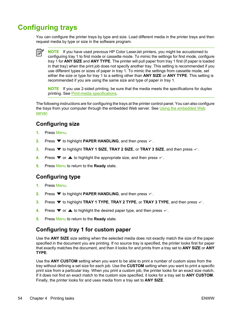 Configuring trays, Configuring size, Configuring type | Configuring tray 1 for custom paper | HP Color LaserJet 3800 Printer series User Manual | Page 68 / 226