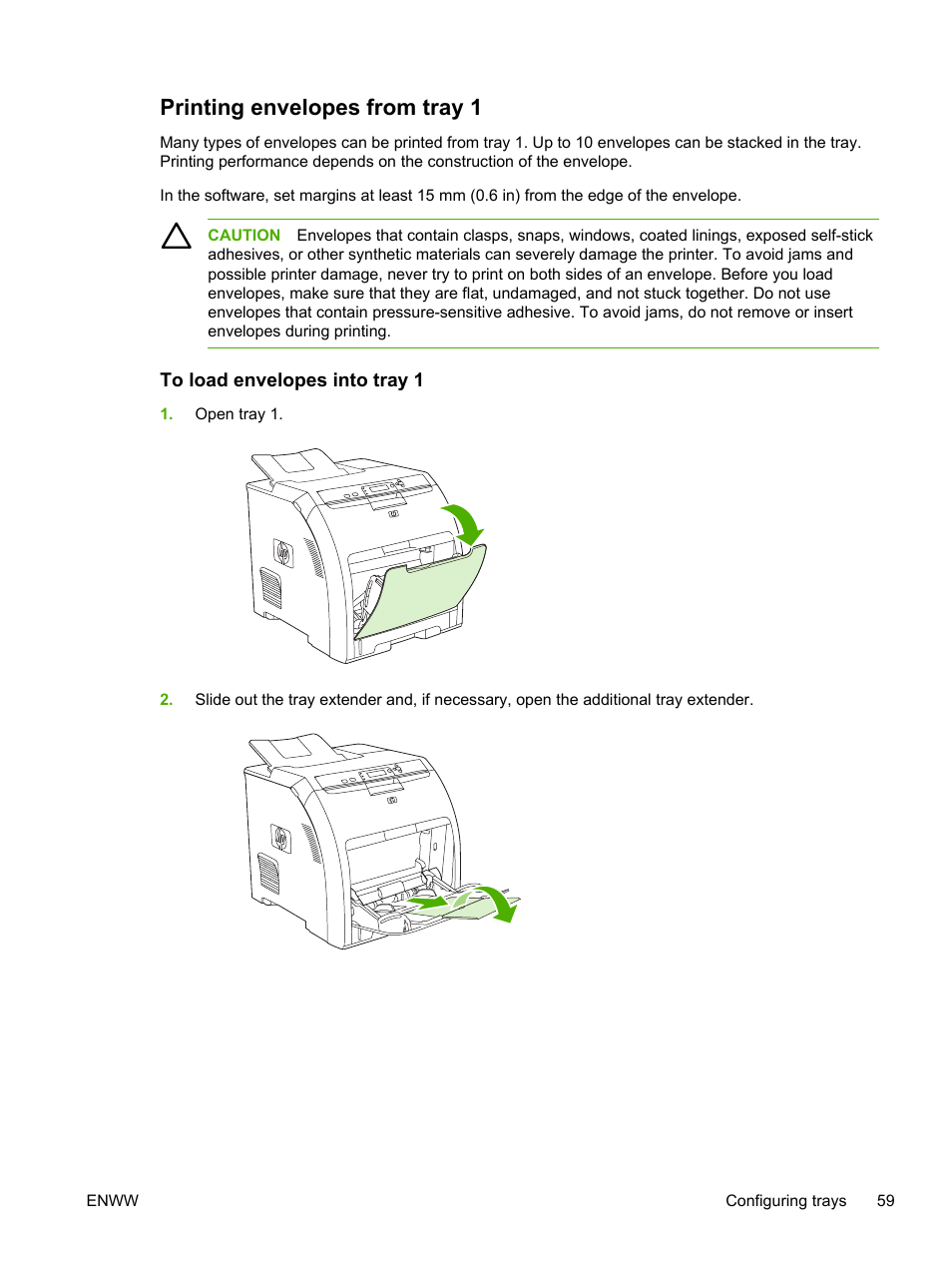 Printing envelopes from tray 1, To load envelopes into tray 1, Printing envelopes | From tray 1, For more informat | HP Color LaserJet 3800 Printer series User Manual | Page 73 / 226