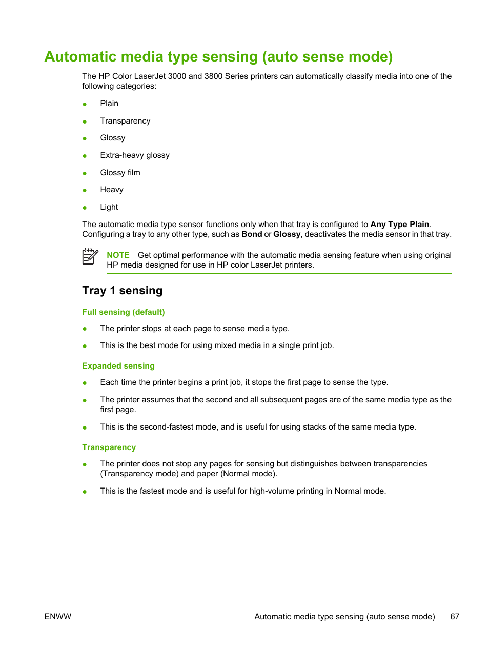 Automatic media type sensing (auto sense mode), Tray 1 sensing | HP Color LaserJet 3800 Printer series User Manual | Page 81 / 226