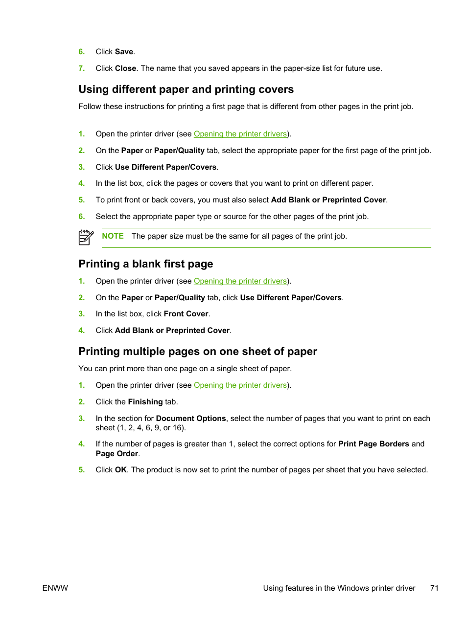 Using different paper and printing covers, Printing a blank first page, Printing multiple pages on one sheet of paper | HP Color LaserJet 3800 Printer series User Manual | Page 85 / 226