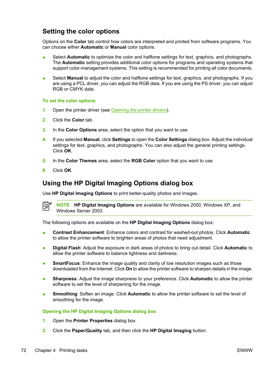 Setting the color options, Using the hp digital imaging options dialog box | HP Color LaserJet 3800 Printer series User Manual | Page 86 / 226