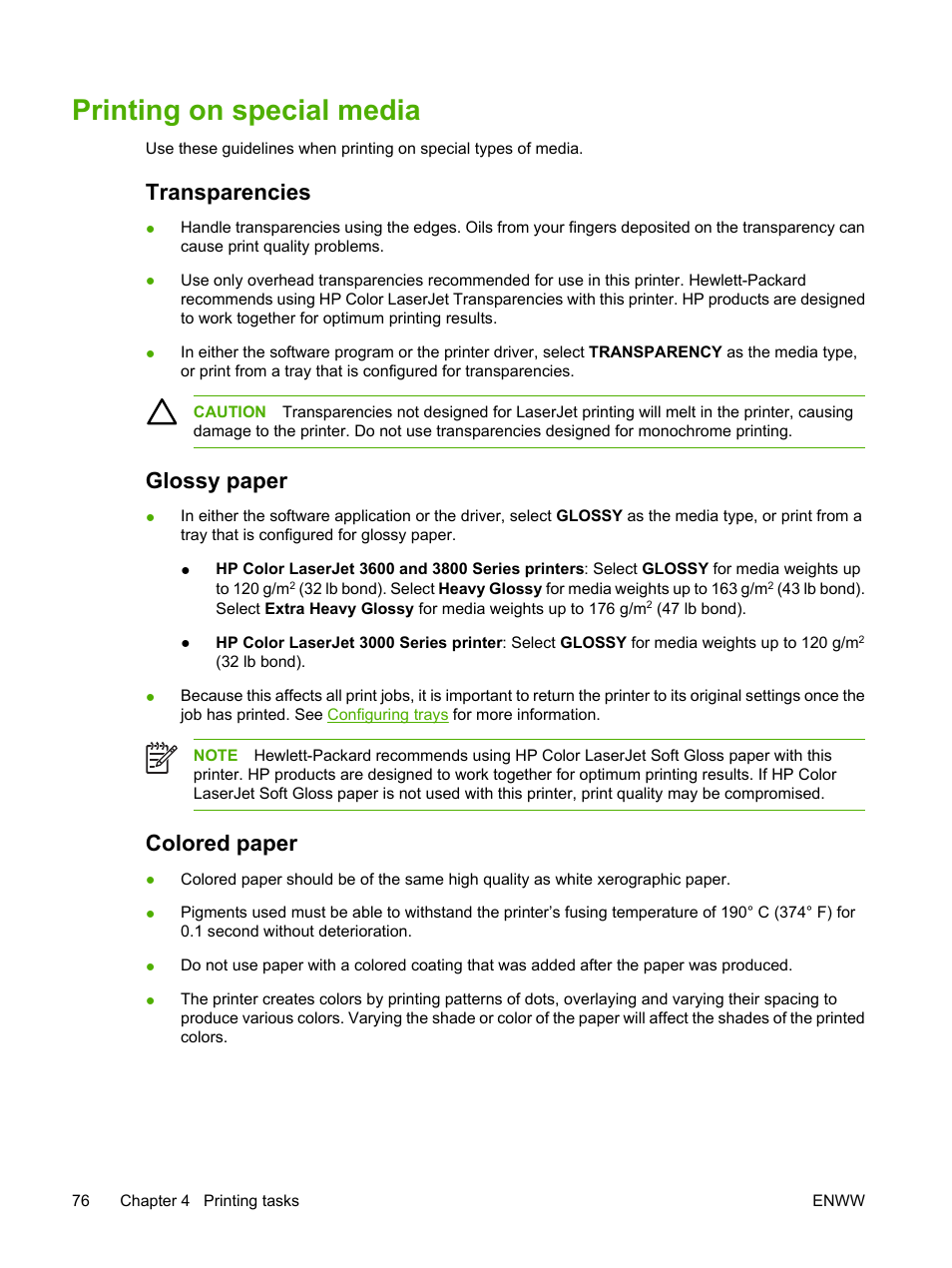 Printing on special media, Transparencies, Glossy paper | Colored paper, Transparencies glossy paper colored paper | HP Color LaserJet 3800 Printer series User Manual | Page 90 / 226