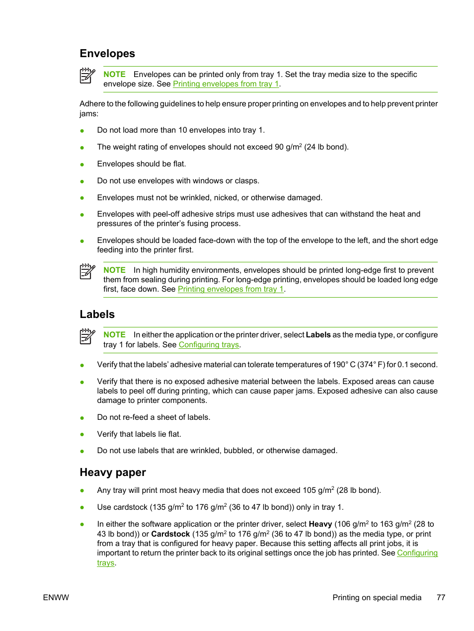 Envelopes, Labels, Heavy paper | Envelopes labels heavy paper | HP Color LaserJet 3800 Printer series User Manual | Page 91 / 226