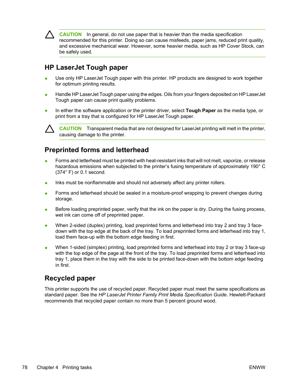 Hp laserjet tough paper, Preprinted forms and letterhead, Recycled paper | HP Color LaserJet 3800 Printer series User Manual | Page 92 / 226