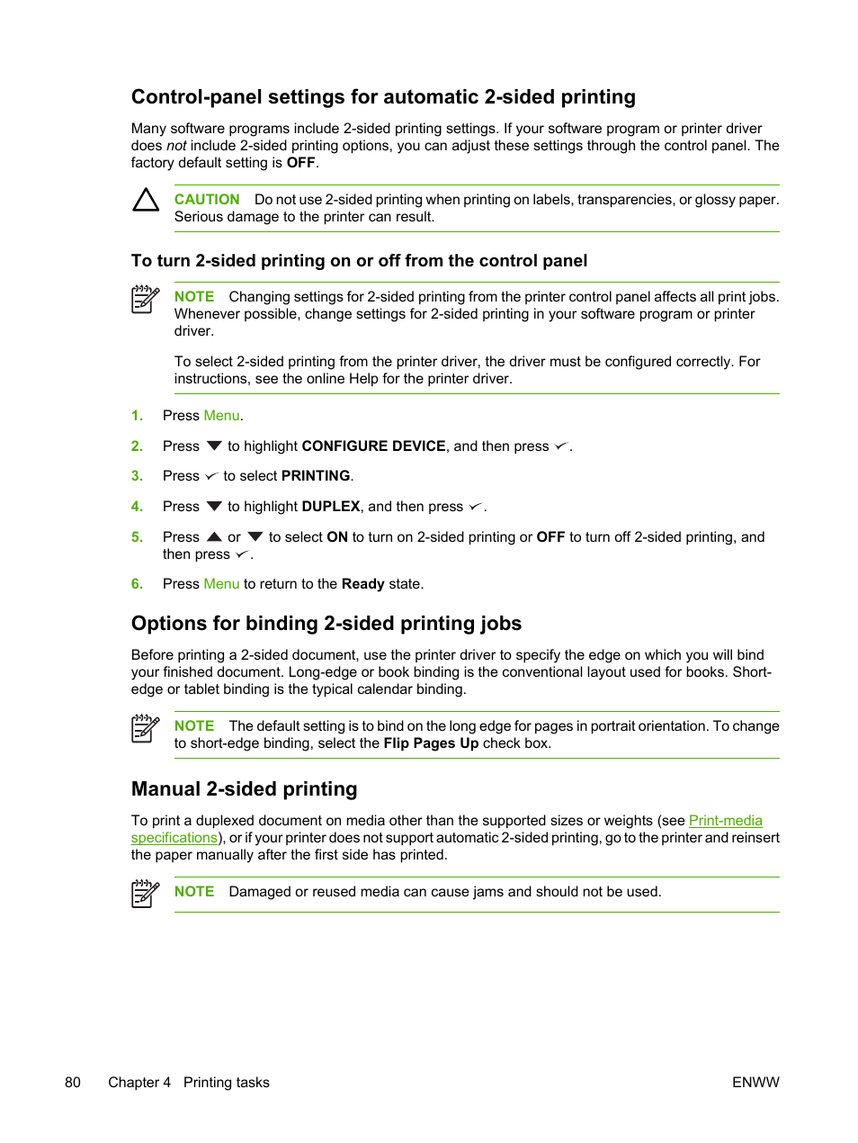 Options for binding 2-sided printing jobs, Manual 2-sided printing | HP Color LaserJet 3800 Printer series User Manual | Page 94 / 226