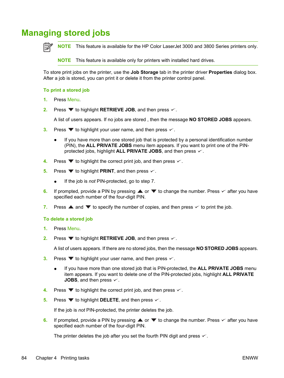 Managing stored jobs | HP Color LaserJet 3800 Printer series User Manual | Page 98 / 226