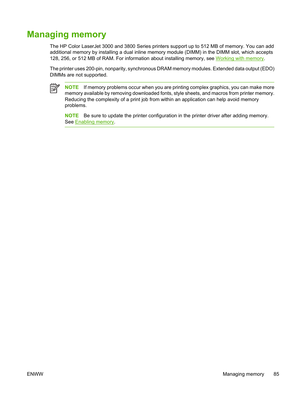 Managing memory | HP Color LaserJet 3800 Printer series User Manual | Page 99 / 226