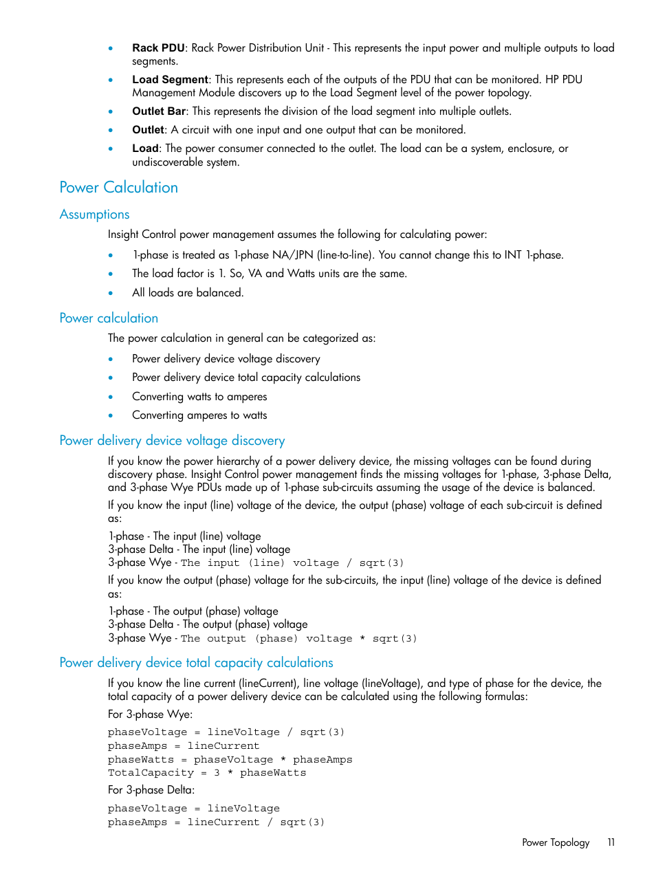 Power calculation, Assumptions, Power delivery device voltage discovery | Power delivery device total capacity calculations | HP Insight Control Software for Linux User Manual | Page 11 / 43