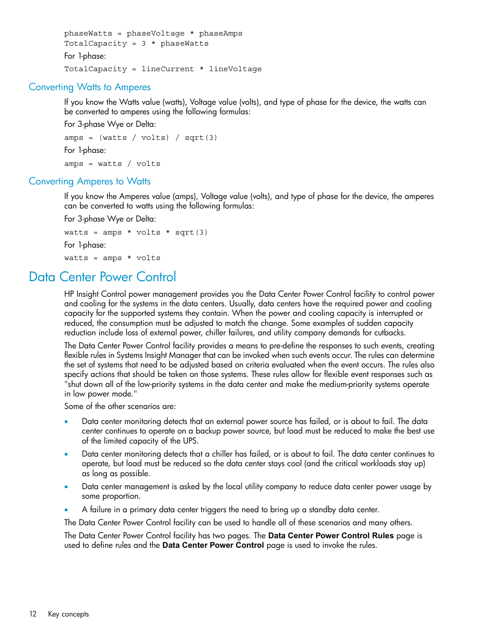 Converting watts to amperes, Converting amperes to watts, Data center power control | HP Insight Control Software for Linux User Manual | Page 12 / 43