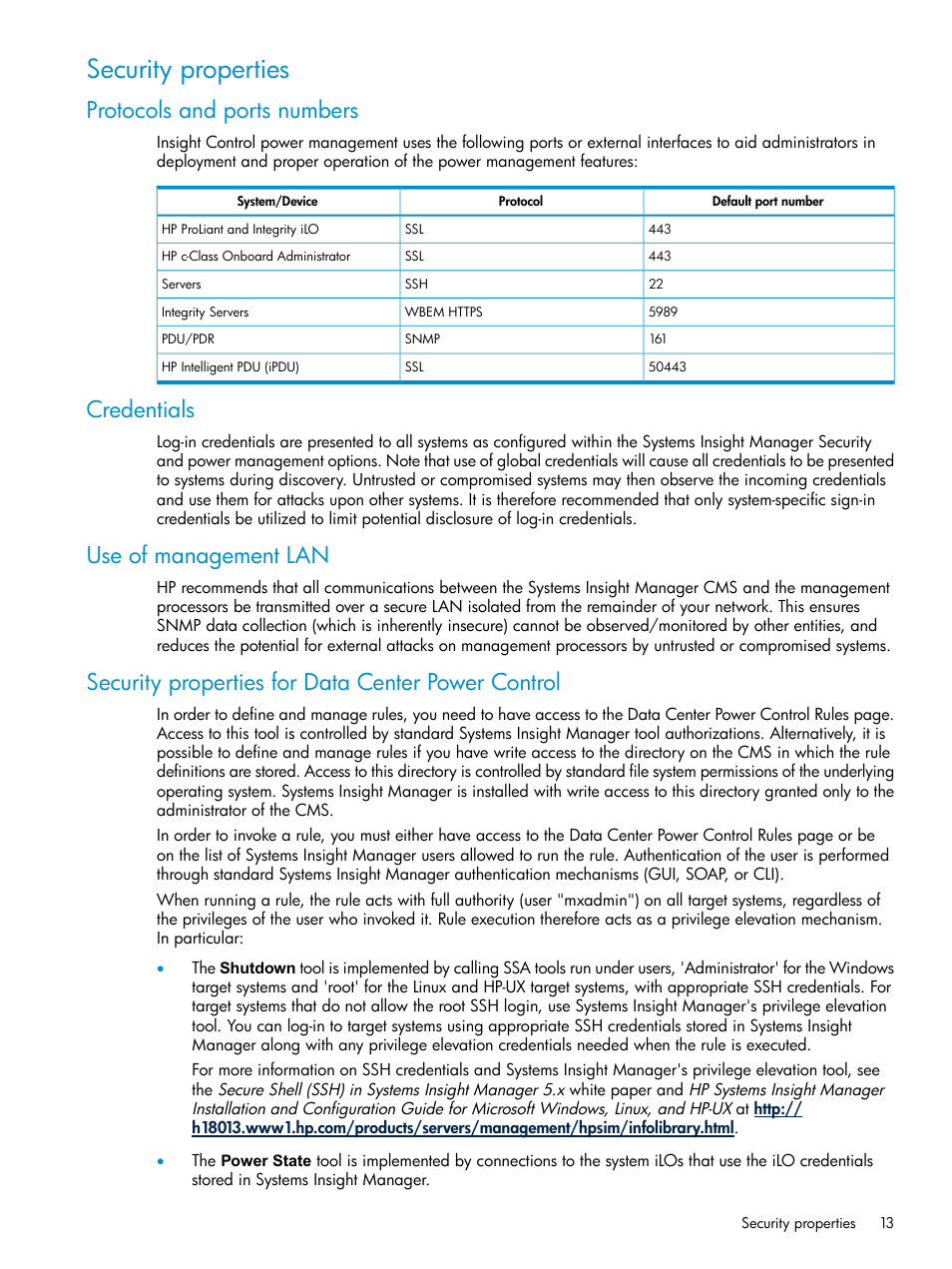 Security properties, Protocols and ports numbers, Credentials | Use of management lan, Security properties for data center power control | HP Insight Control Software for Linux User Manual | Page 13 / 43