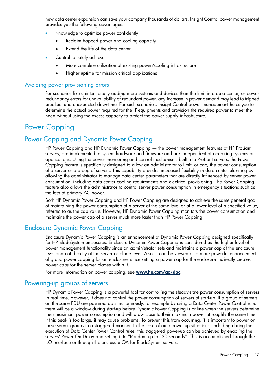 Avoiding power provisioning errors, Power capping, Power capping and dynamic power capping | Enclosure dynamic power capping, Powering-up groups of servers | HP Insight Control Software for Linux User Manual | Page 17 / 43