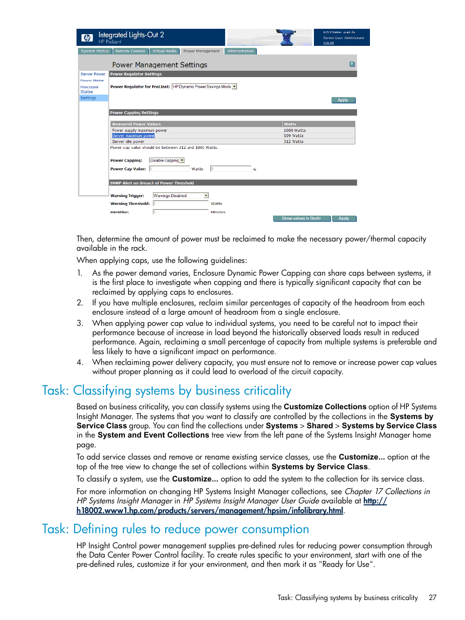 Task: classifying systems by business criticality, Task: defining rules to reduce power consumption | HP Insight Control Software for Linux User Manual | Page 27 / 43