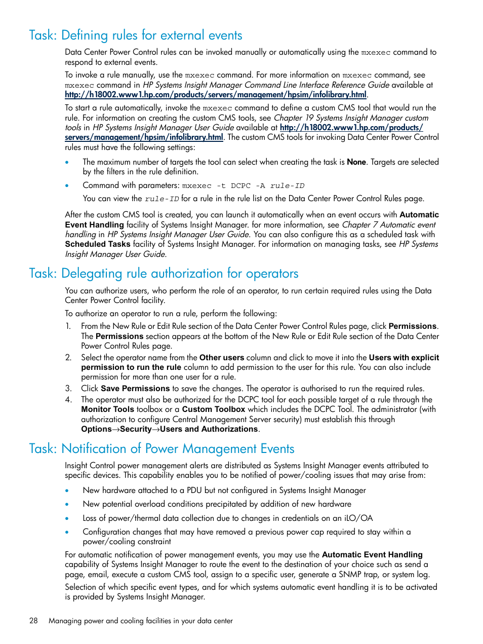 Task: defining rules for external events, Task: delegating rule authorization for operators, Task: notification of power management events | HP Insight Control Software for Linux User Manual | Page 28 / 43