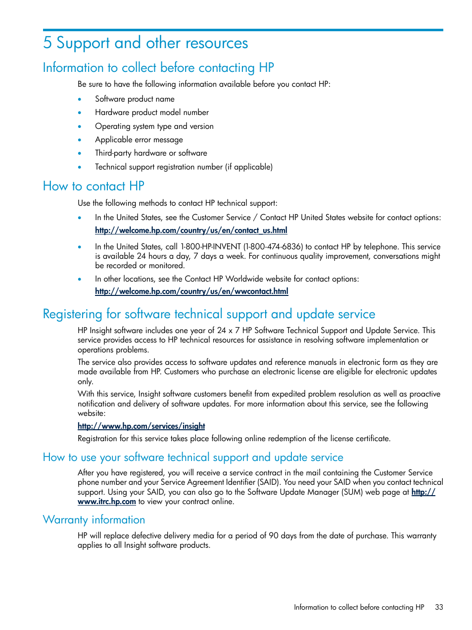 5 support and other resources, Information to collect before contacting hp, How to contact hp | Warranty information | HP Insight Control Software for Linux User Manual | Page 33 / 43