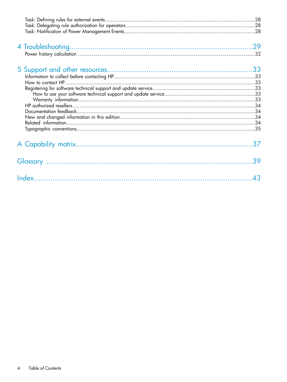 4 troubleshooting, 5 support and other resources, A capability matrix glossary index | HP Insight Control Software for Linux User Manual | Page 4 / 43