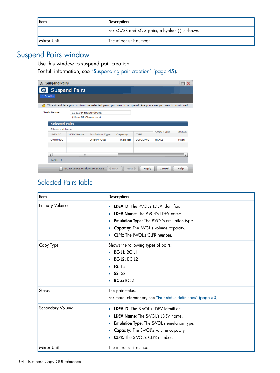 Suspend pairs window, Selected pairs table | HP XP P9500 Storage User Manual | Page 104 / 143