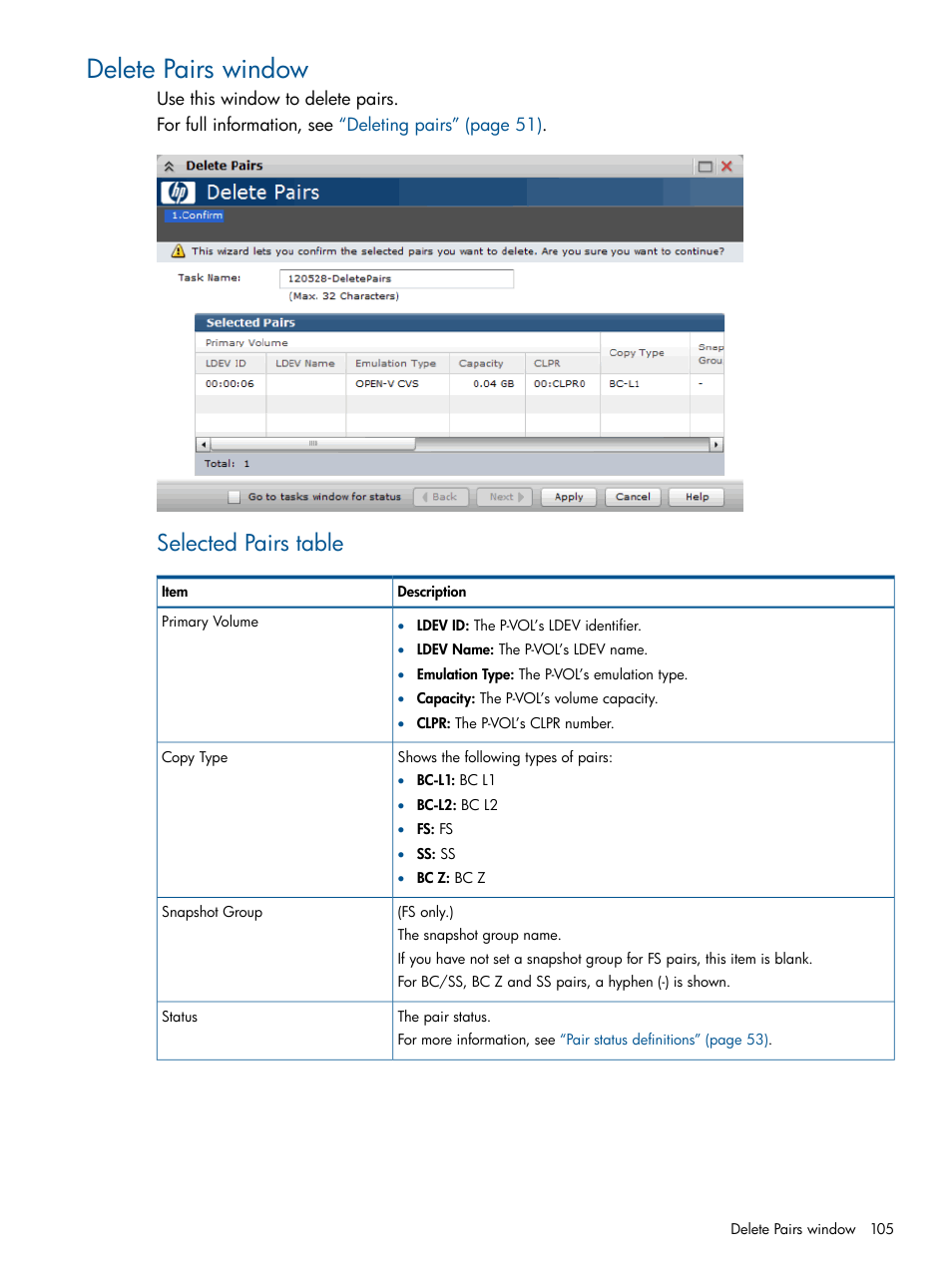 Delete pairs window, Selected pairs table | HP XP P9500 Storage User Manual | Page 105 / 143