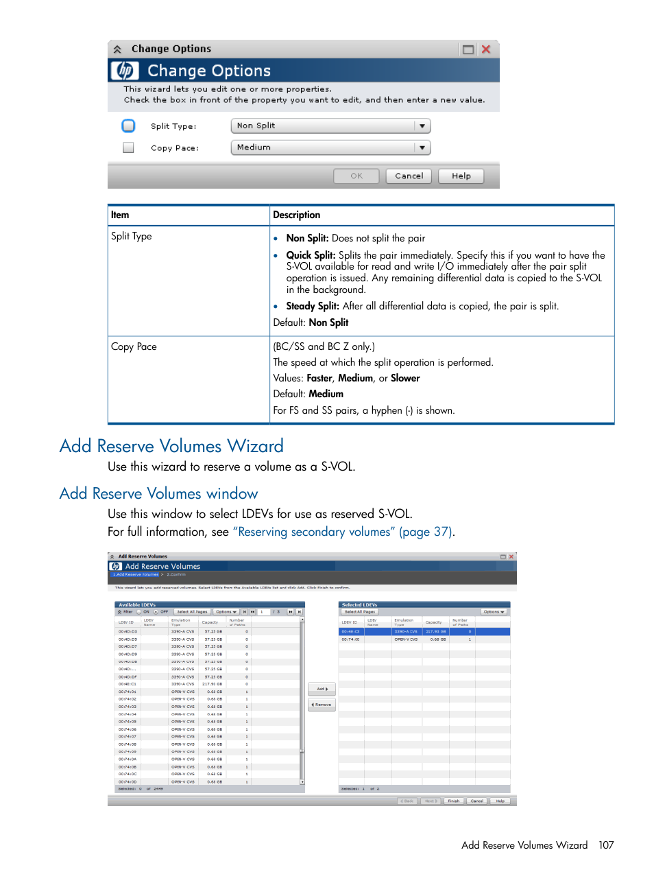 Add reserve volumes wizard, Add reserve volumes window | HP XP P9500 Storage User Manual | Page 107 / 143