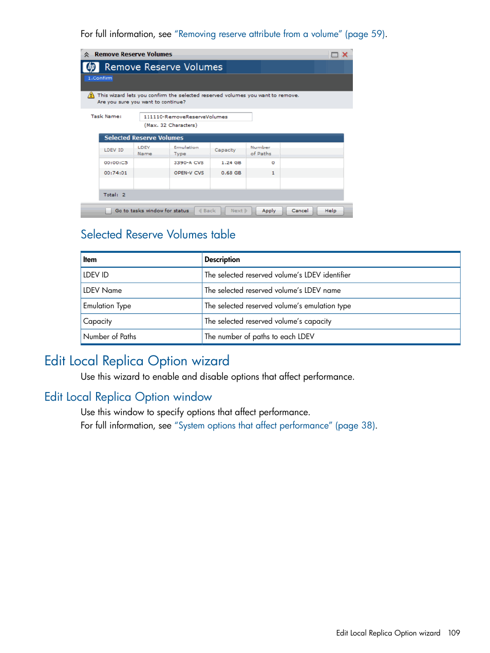 Edit local replica option wizard, Edit local replica option window, Selected reserve volumes table | HP XP P9500 Storage User Manual | Page 109 / 143