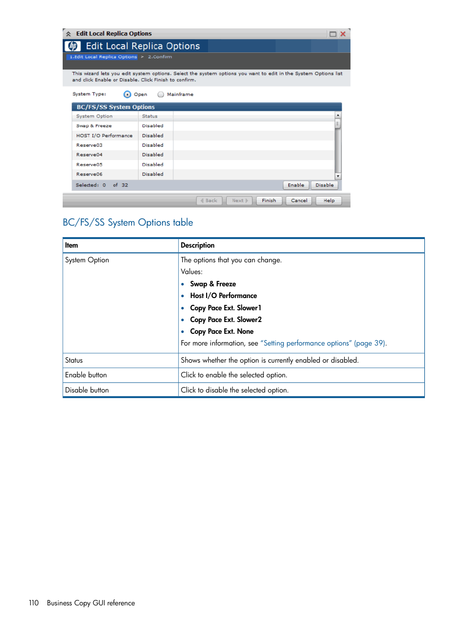 Bc/fs/ss system options table | HP XP P9500 Storage User Manual | Page 110 / 143