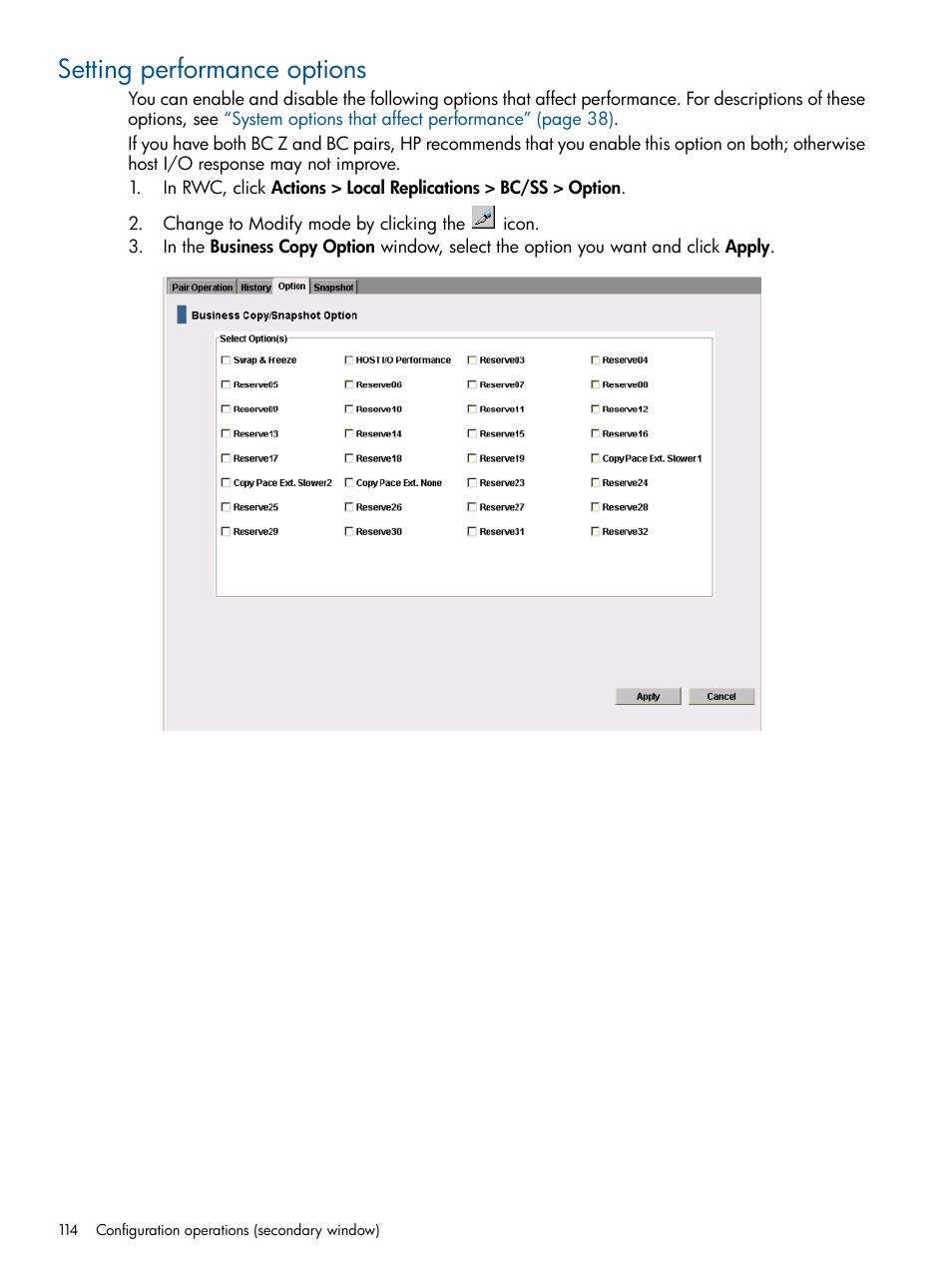 Setting performance options | HP XP P9500 Storage User Manual | Page 114 / 143